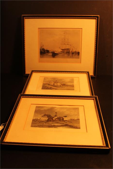 Two Prints - "The Brook" & "Riding to Hounds" along with a framed silk and a hand coloured engraving