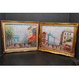 Two Parisian street scenes depicting the Arc de Triomphe. Oil on canvas, bearing signature "
