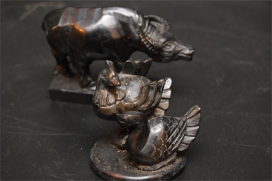 Two carved black stone animals - a buffalo, a pair of birds - Image 2 of 10