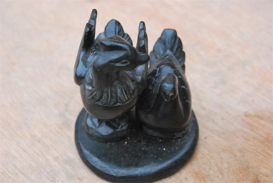 Two carved black stone animals - a buffalo, a pair of birds - Image 10 of 10