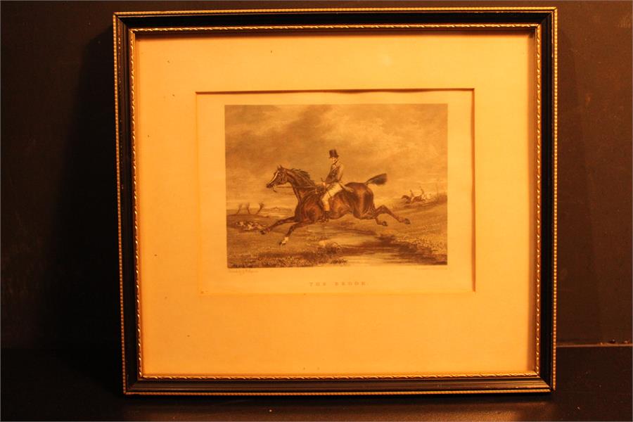 Two Prints - "The Brook" & "Riding to Hounds" along with a framed silk and a hand coloured engraving - Image 7 of 16