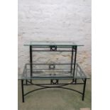 Console table steel base with clear glass top with matching coffee table.