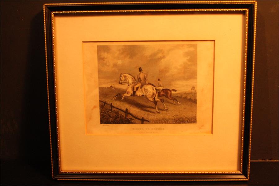 Two Prints - "The Brook" & "Riding to Hounds" along with a framed silk and a hand coloured engraving - Image 12 of 16