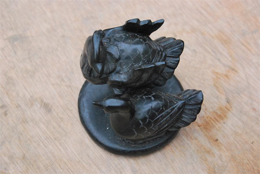 Two carved black stone animals - a buffalo, a pair of birds - Image 7 of 10