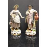 Large Porcelain pair - Meissen Style, gardener and his wife / companion. Marked to base with blue