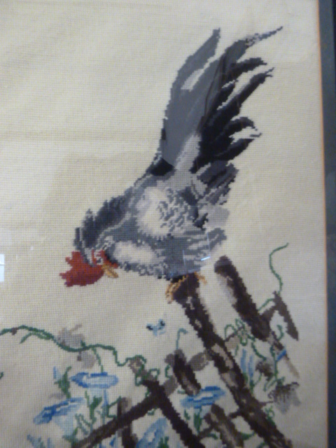 EMBROIDERY PICTURE OF COCKEREL ON GARDEN FENCE FRAMED AND GLAZED