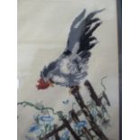 EMBROIDERY PICTURE OF COCKEREL ON GARDEN FENCE FRAMED AND GLAZED