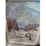 FRAMED OIL ON BOARD - WINTER SCENE SIGNED BOTTOM RIGHT A.M.