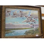 OIL ON BOARD DUCKS IN FULL FLIGHT OVER MARSH SIGNED VERSO MACKENZIE THORPE 1956