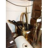 BRASS SCUTTLE AND FIRE TOOLS