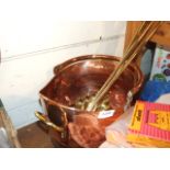 COPPER SCUTTLE AND BRASS FIRE TOOLS