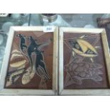 ABORIGINAL ART - A PAIR OF PICTURES ?BARK ON CARDBOARD IN DIRTY WHITE FRAME - ONE DEPICTING 3