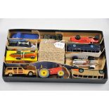 10 X DINKY CARS - LUXURY COACH BROWN AND ORANGE, MERCEDES RACING CAR SILVER,