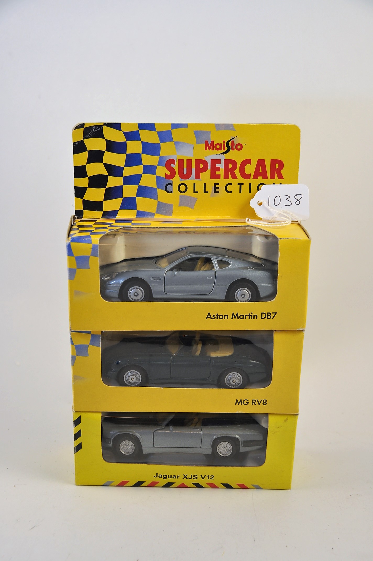 3 X MAISTO SUPERCAR COLLECTION ASTON MARTIN DB7, MG RV8, AND A JAGUAR XJS V12 ALL BOXED IN GC.