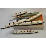 BOX OF 8 TRI-ANG SHIPS VARIOUS SIZES/COLOURS SLIGHT DAMAGE AND PAINT CHIPS NOT IN ORIGINAL BOXES