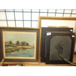 2 SLATE ETCHINGS AND A PRINT OF FLOWERS AND A RIVER SCENE - MATT BRUCE