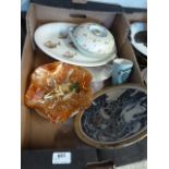 BOX OF CHINA INC 2 CARNIVAL GLASS BOWLS, STUDIO POTTERY BOWL, FISH PLATES ETC..