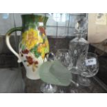 DECANTER AND TWO BRANDY GLASSES ROSS LYN JUG AND SCUTTLE SHAPED SUGAR BOWL AND SPOON