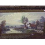 OIL ON CANVAS, DIGSON 1975 HOLLAND ON BACK FRAME 31" X 15", ?DUTCH MERE WITH COTTAGES,