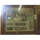 PASTEL AND WASH OF DAPPLED SHIRE HORSE AT GATE,