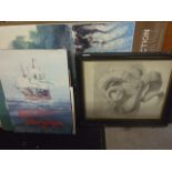 VARIOUS PRINTS, ADVERTISING AND PHOTOS INCLUDING PENCIL DRAWING OF A RAMS HEAD, SIGNED F.L.