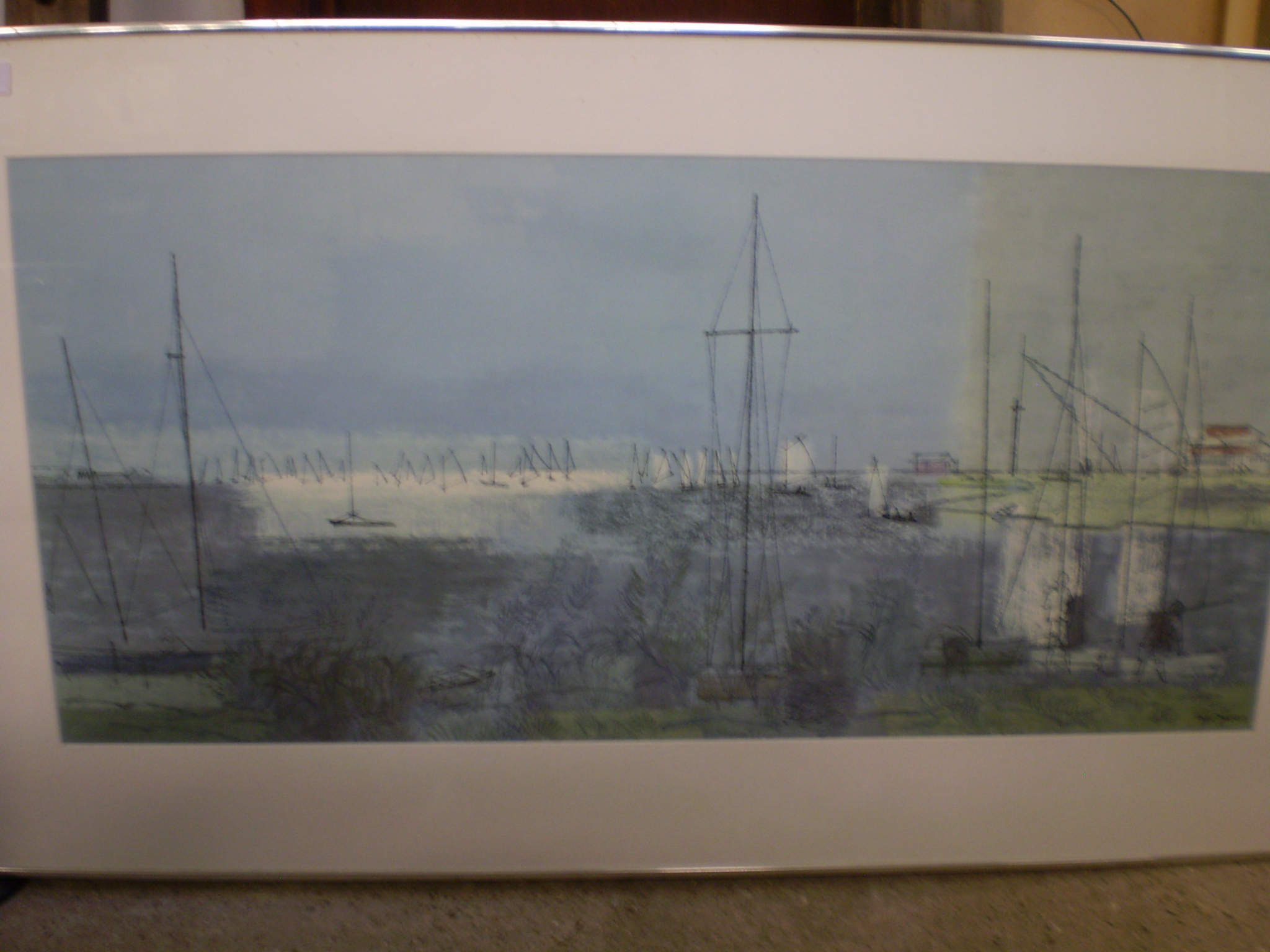 LARGE PRINT OF SAILBOATS IN HARBOUR 106CM X 62CM