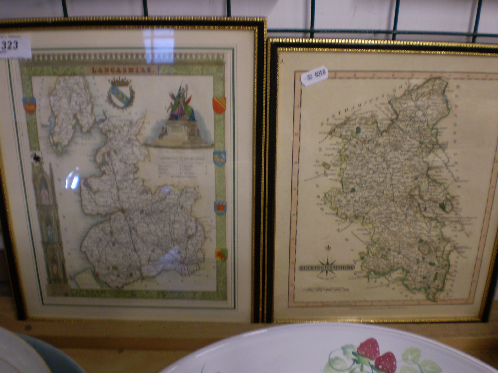 2 HAND COLOURED PRINTS OF LANCASHIRE AND BUCKINGHAMSHIRE FROM ORIGINALS OF 1836 AND 1809 (28 X 34