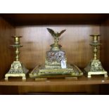 AN ORNATE GLASS AND BRASS INKWELL DESK SET WITH CANDLE HOLDERS,