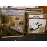 3 AMATEUR OIL ON BOARDS WITH 6 OTHER PRINTS/SAMPLERS ETC