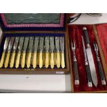 BOXED 24 PIECE SILVER PLATED FISH KNIFE AND FORK SET BY WALKER & HALL PLUS BOXED CARVING SET BY