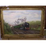 OIL ON CANVAS OF STEAM TRAIN THROUGH COUNTRYSIDE SIGNED 'JAMES POWER '88) (90 X 64 CM - A/F)