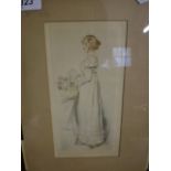 PENCIL DRAWING OF LADY WITH FLOWERS BY W.D.