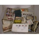 BOX OF ASSORTED FIRST DAY COVERS, POSTCARDS OLD AND NEW, CIGARETTE CARDS,