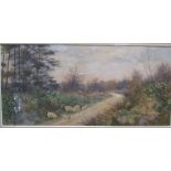F G FRASER "SHEEP ON A COUNTRY PATH" WATERCOLOUR