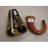 1 SMALL CLAY AND 1 LARGE WOODEN PIPE PLUS DECORATIVE CERAMIC PIPE HOLDER