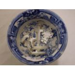 BLUE AND WHITE DISH WITH 6 MOTHER OF PEARL CRUCIFIX'S