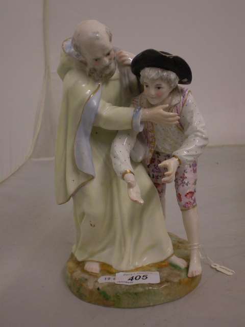MEISSEN (SEE PIC) FIGURE OF AN OLD CLOAKED MAN AND A YOUNG MAN