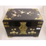 LARGE WOODEN PAINTED JEWELLERY BOX WITH BRASS DETAILS AND MOTHER OF PEARL BIRD DESIGN (34 X 26 X 24