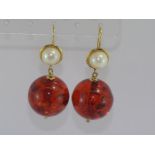 Cherry Baltic amber and pearl earrings