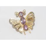 18ct gold, amethyst & diamond butterfly brooch