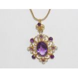 Edwardian 9ct gold, amethyst & seed pearl pendant