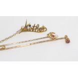 Two gold stick pins & 9ct gold "Mother" brooch