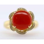 18ct yellow gold, round coral and diamond ring