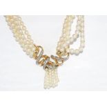 14ct gold, diamond & 5 strand pearl necklace