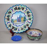 Three assorted Turkish enamelled metal dishes