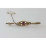 Vintage 9ct gold, ruby and pearl bar brooch