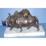 Vintage Japanese bronze buffalo & lion figure