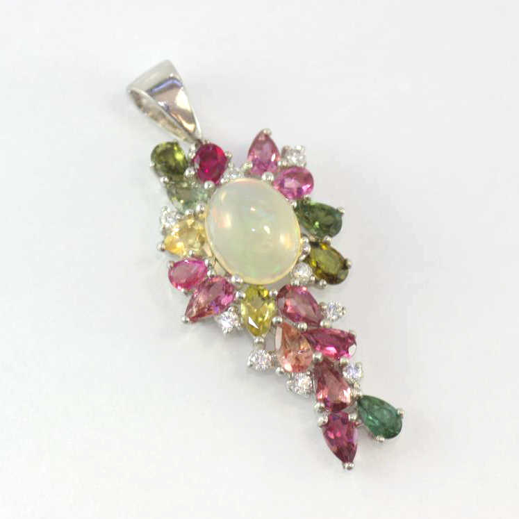 Silver, opal and multi-coloured tourmaline pendant