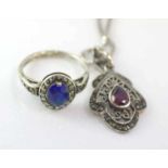 Silver, marcasite and gemset pendant and ring