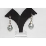 14ct white gold, pearl and diamond drop earrings